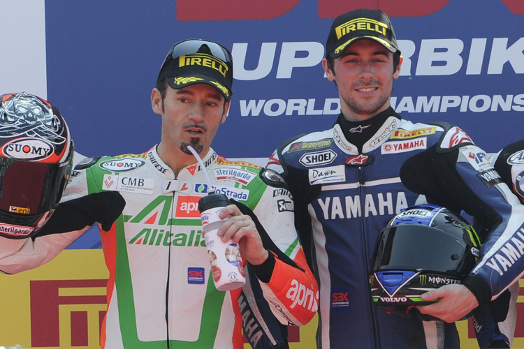 2012 auf Aprilia: Max Biaggi (li.) und Eugene Laverty