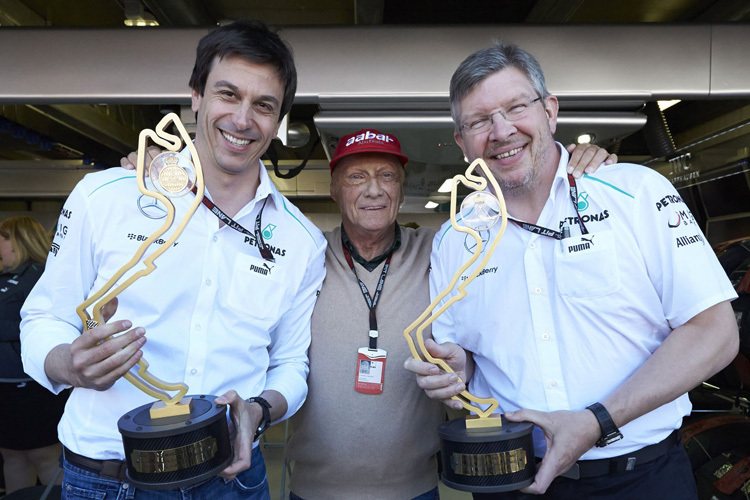 Toto Wolff, Niki Lauda und Ross Brawn nach dem Monaco-GP-Sieg