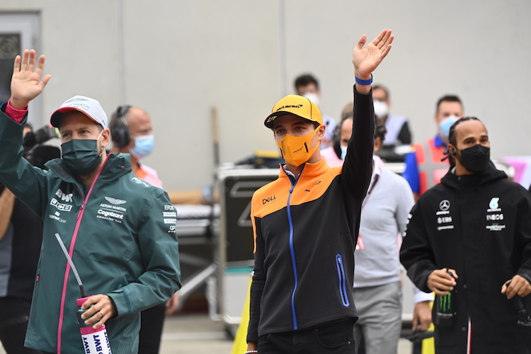 Sebastian Vettel, Lando Norris und Lewis Hamilton