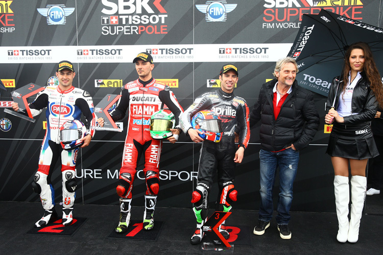 Die erste Startreihe in Donington (v.l.): Haslam, Giugliano und Melandri