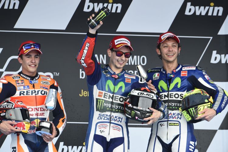 Siegerehrung in Jerez: Márquez, Lorenzo, Rossi