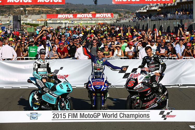 Die Weltmeister 2015: Danny Kent (Moto3), Jorge Lorenzo (MotoGP) und Johann Zarco (Moto2)