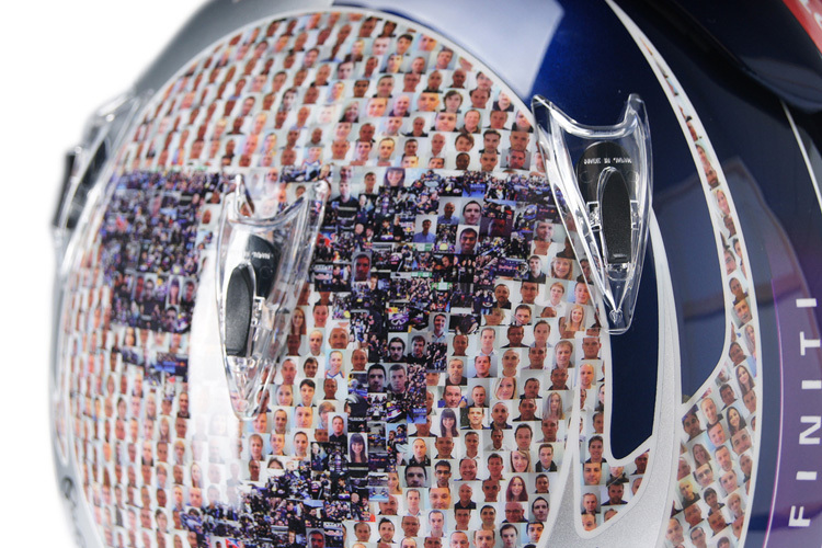 Alle 550 Mitarbeiter von Red Bull Racing sind auf Vettels neuem Helm zu finden
