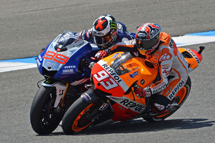 jerez_ Der Zusammentoss von Márquez (93) und Lorenzo (99)