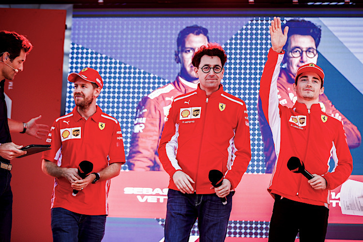 Sebastian Vettel, Mattia Binotto und Charles Leclerc
