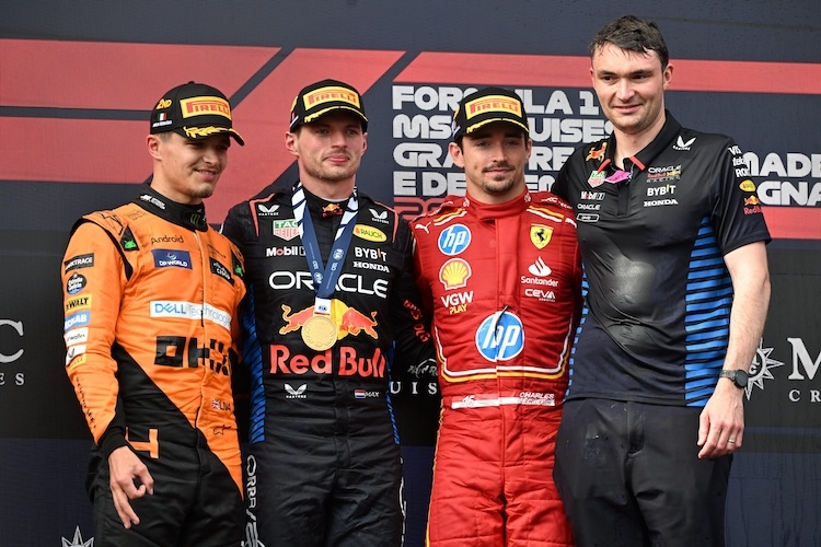 Lando Norris, Max Verstappen, Charles Leclerc und David Morgan von Red Bull Racing (Aerodynamiker)