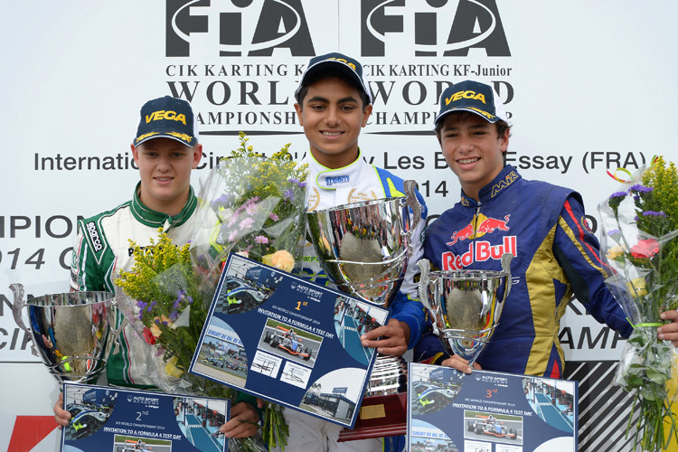 Kart-WM in Essay: Mick Junior (links) wird Zweiter hinter Enaam Ahmed (Mitte) und vor Mauricio Baiz