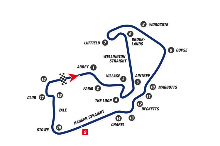 Die Fahrer sündigen in den Kurven 8 (Woodcote), 9 (Copse) sowie eingangs Start und Ziel