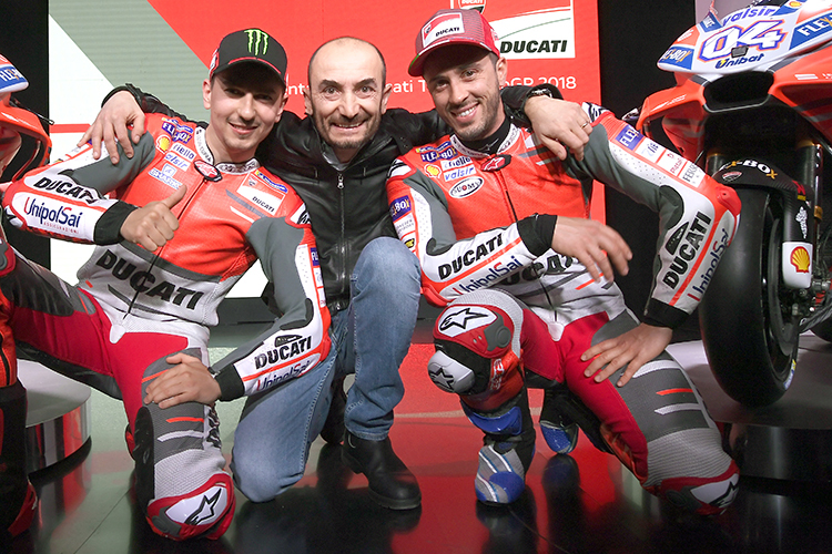 Jorge Lorenzo, Ducati-CEO Claudio Domenicali und Andrea Dovizioso