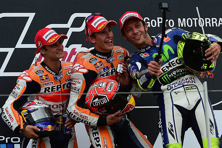 2015 standen Dani Pedrosa, Marc Márquez und Valentino Rossi in Sachsen auf dem Podest