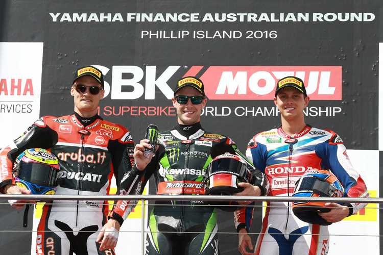 Podium Lauf 1 Phillip Island: Chaz Davies, Jonathan Rea und Michael van der Mark (v.l.)