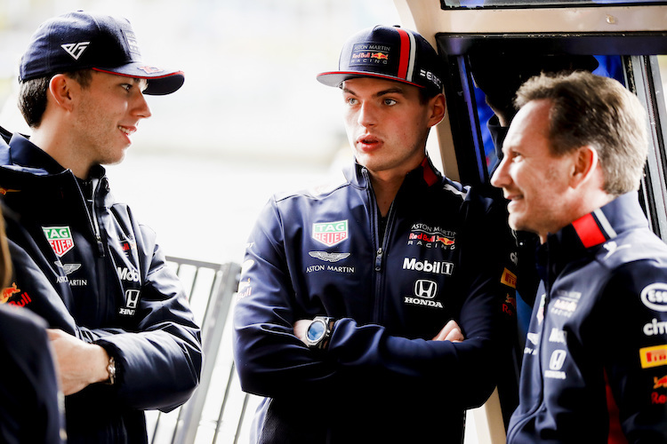 Pierre Gasly, Max Verstappen und Christian Horner