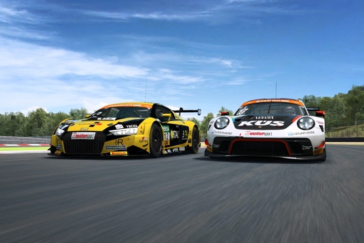 Auch virtuell eine Augenweide: Audi R8 LMS (li.) und Porsche 911 GT3 R