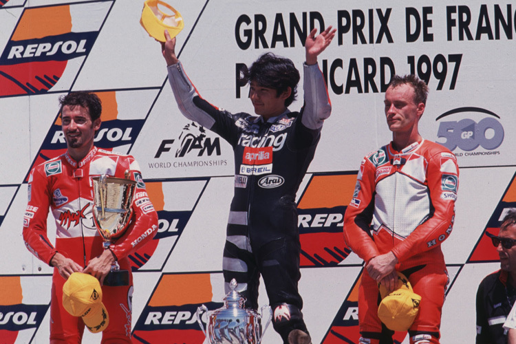 Podium Magny-Cours 1997: Biaggi, Harada, Waldmann (v.l.)
