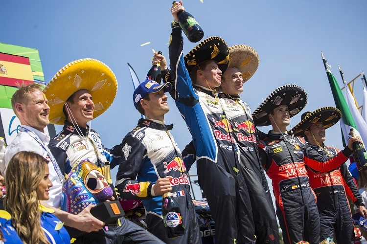 Sébastien Ogier (ohne Sombrero) schmollt, links neben ihm strahlt Jari-Matti Latvala