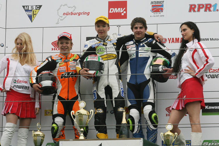 Podium IDM 125ccm Lauf 1: Raemy, Grünwald und Meile (v.l.)