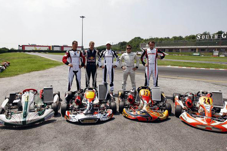 Michael Schumacher 2009 mit seinen Kart- und F1-Kumpels Vettel, Liuzzi, Klien und Kubica