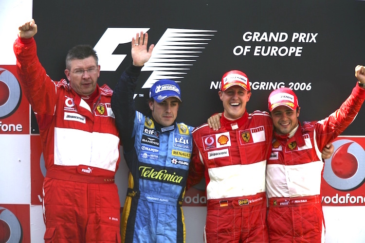 Ross Brawn (links), als Massa mit Schumacher bei Ferrari fuhr. Dazwischen Fernando Alonso