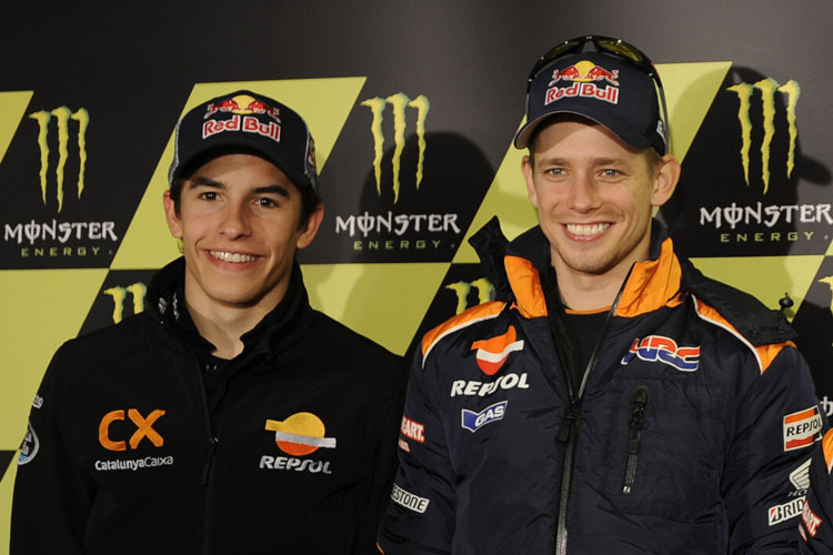 Nie gegeneinander gefahren: 2012 war Marc Márquez (li.) noch Moto2-Fahrer, Casey Stoner fuhr MotoGP