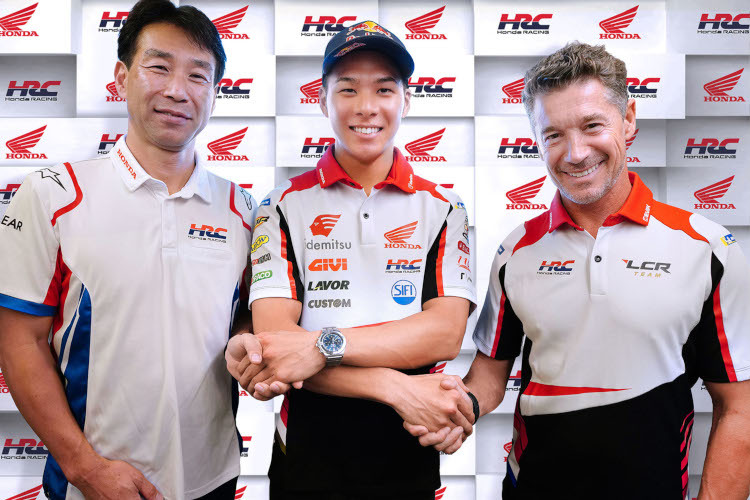 HRC-Direktor Tetsuhiro Kuwata, Takaaki Nakagami und LCR-Boss Lucio Cecchinello