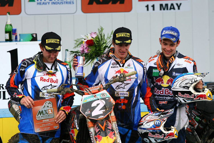 KTM-Podium: Rattray (Red Bull KTM), Searle (Red Bull KTM) und Simpson (KTM UK) in Sevlievo 2008