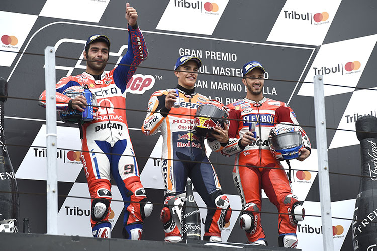 Die Top-3 in Misano 2017: Danilo Petrucci neben Sieger Marc Márquez und Andrea Dovizioso