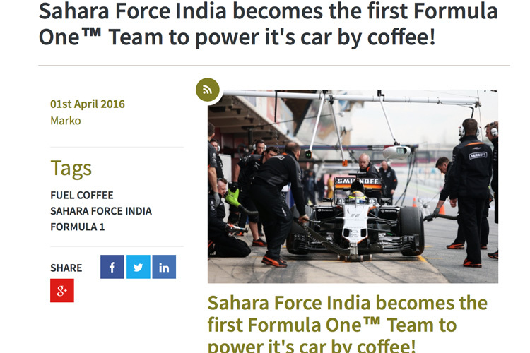 Der Force-India-Renner wird künftig mit Kaffee betrieben