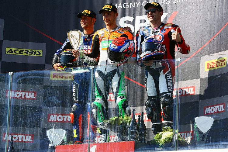 Das Podium in Villicum wie zuletzt in Magny-Cours: Sandro Cortese, Jules Cluzel und Lucas Mahias (v.l.) 