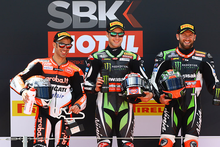 Die Top-3 des ersten Rennens: Marco Melandri, Sieger Jonathan Rea und Tom Sykes