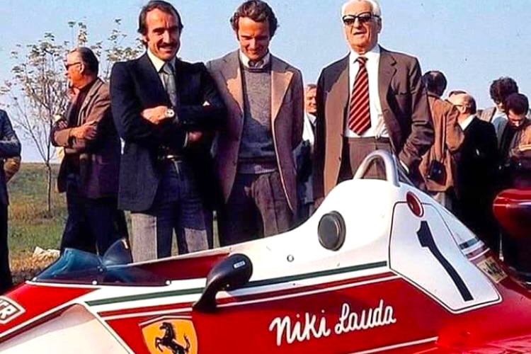 Clay Regazzoni, Niki Lauda und Enzo Ferrari in Maranello