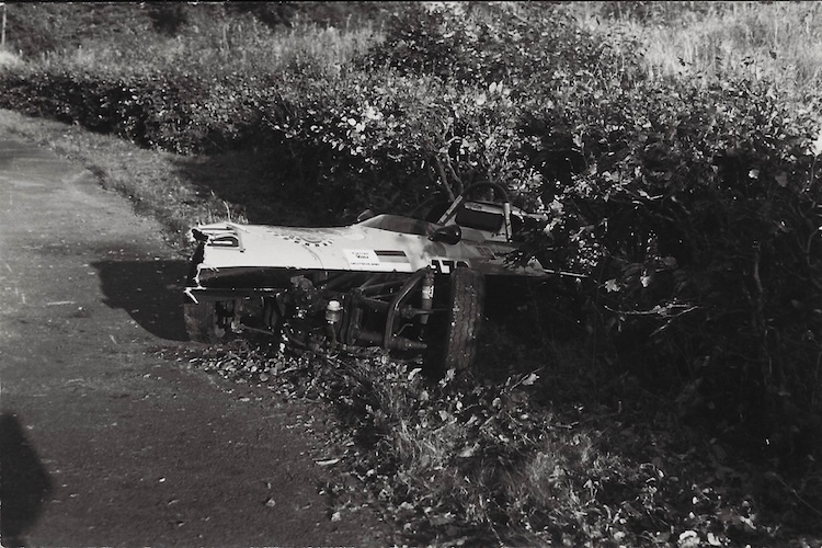 Zerfetzter Kaimann: Vorderwagen vor der Hecke, der Rest dahinter