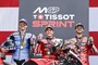 Im Sprint in Austin war Marc Marquez (M.) noch der Sieger. Einen Tag später im GP holte sich Pecco Bagnaia (r.) Platz 1