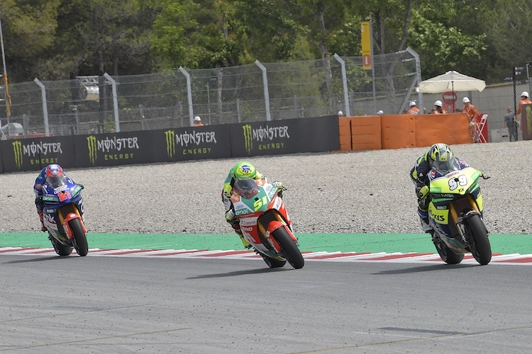 Das Podium des ersten MotoE-Rennens in Barcelona: Guiterrez, Granado, Zannoni