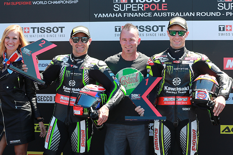 Aaron Slight 2019 zwischen Leon Haslam (li.) und Jonathan Rea