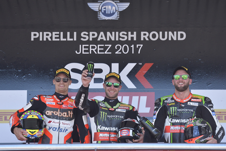 Das Podium von Lauf 1: Chaz Davies, Jonathan Rea und Tom Sykes (v.l.)