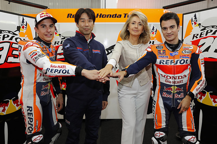 Marc Márquez, Tetsuhiro Kuwata von HRC, Begoña Elices von Repsol und Dani Pedrosa