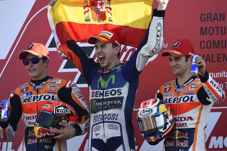 Das Podest in Valencia: Sieger Jorge Lorenzo neben Márquez und Pedrosa