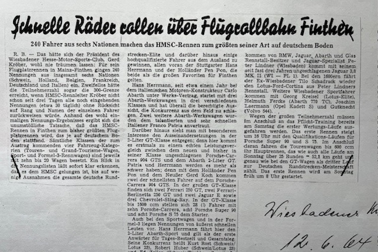 Vorbericht zum ersten Flugplatzrennen in Finthen im «Wiesbadener Kurier» vom 12.6.1964