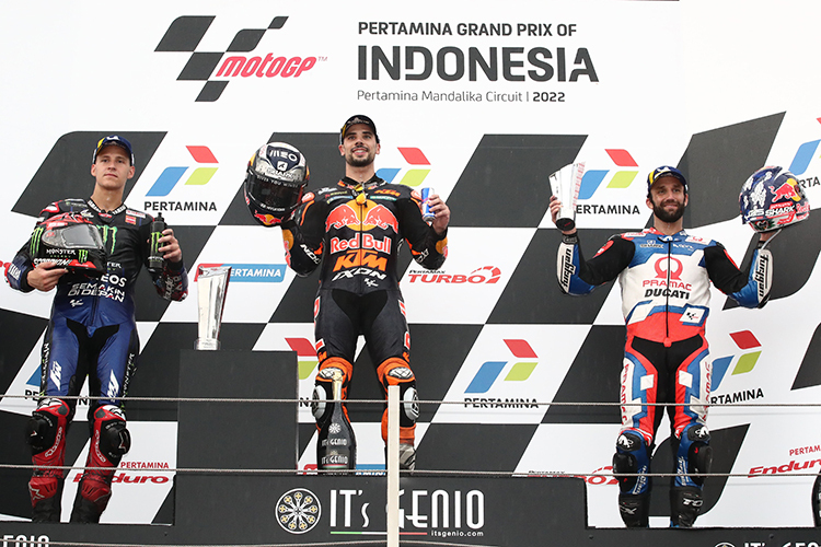 Die Top-3 auf Lombok: Fabio Quartararo, Miguel Oliveira und Johann Zarco (v.l.)