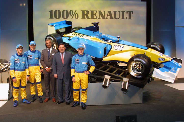 Das Renault-Team 2002 mit Jarno Truli, Jenson Button und Ersatzmann Fernando Alonso