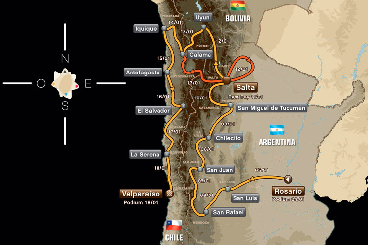 13 Etappen durch Argentinien, Bolivien und Chile (Motorräder befahren ausschliesslich die gelb markierten Etappen): Die Rallye Dakar 2014 hat es in sich
