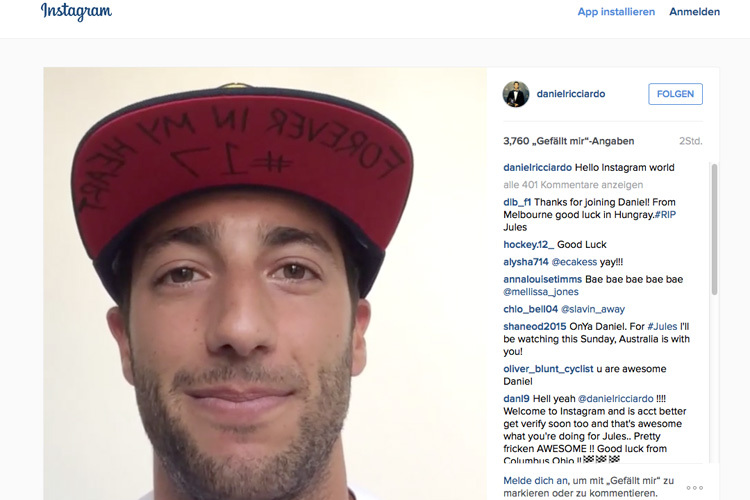 Daniel Ricciardos Botschaft für Bianchi auf Instagram