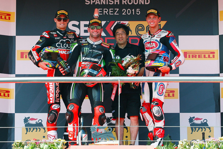 Podium von Lauf 1: Chaz Davies, Tom Sykes, Michael van der Mark (v.l.)