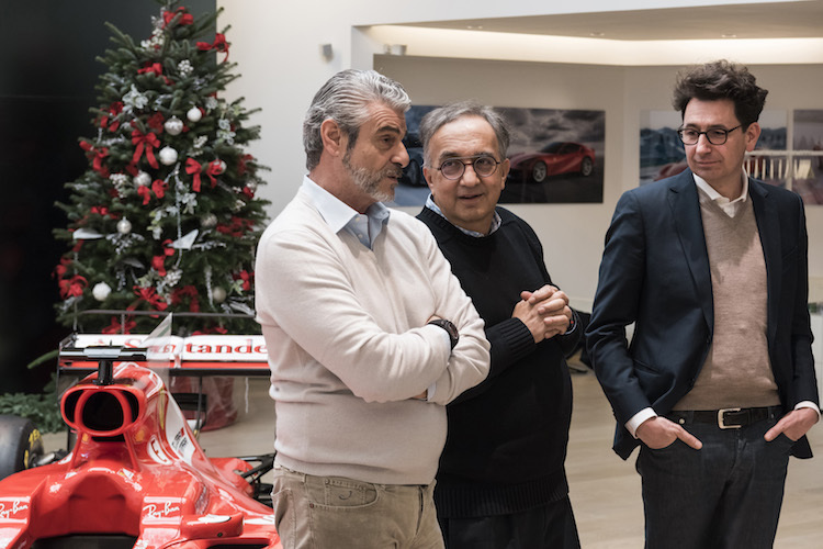 Teamchef Maurizio Arrivabene, Ferrari-Präsident Sergio Marchionne und Technikchef Mattia Binotto
