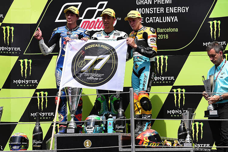 Das Moto3-Podium: Enea Bastianini, Marco Bezzecchi und Gabriel Rodrigo