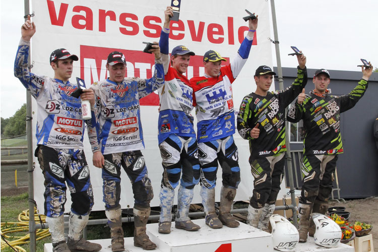 Die großen Drei: Valentin Giraud, Nicolas Musset, Ben Adriaenssen, Ben van den Bogaart, Janis und Lauris Daiders (v.re.)