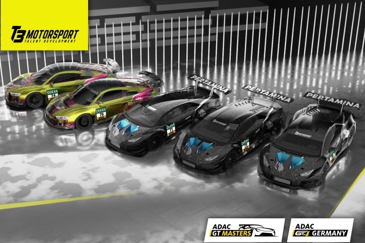 Skizze der drei Lamborghini Huracán GT3 Evo und der beiden Audi R8 LMS GT4 von T3 Motorsport