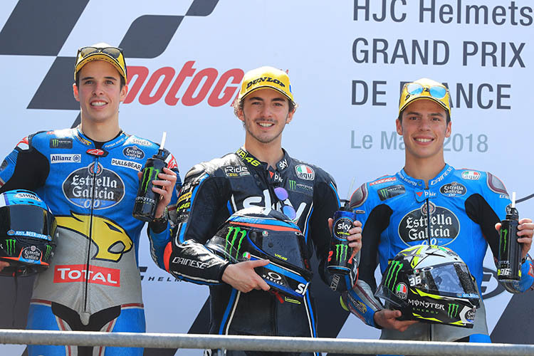 Alex Márquez, Sieger Francesco Bagnaia und Joan Mir