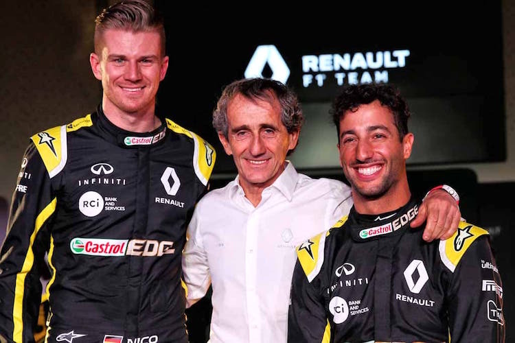 Alain Prost (Mitte) mit den 2019er Renault-Fahrern Nico Hülkenberg und Daniel Ricciardo