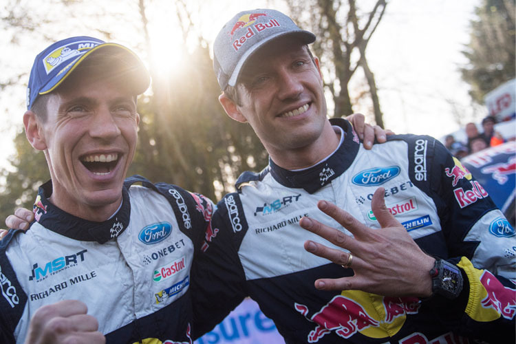 Fünf ist Trümpf – Weltmeister Sébastien Ogier (rechts) und Beifahrer Julien Ingrassia 